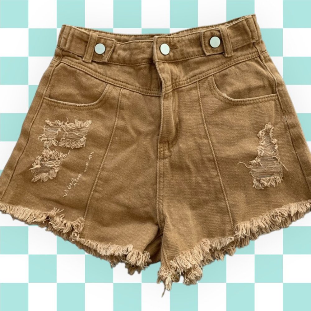 SHEIN Khaki High Rise Distressed Cutoffs XS